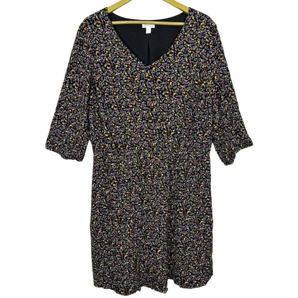 Market Spruce Cottage Micro Floral Midi Dress 2X Black Flowy Long Sleeve V-Neck - Picture 2 of 10